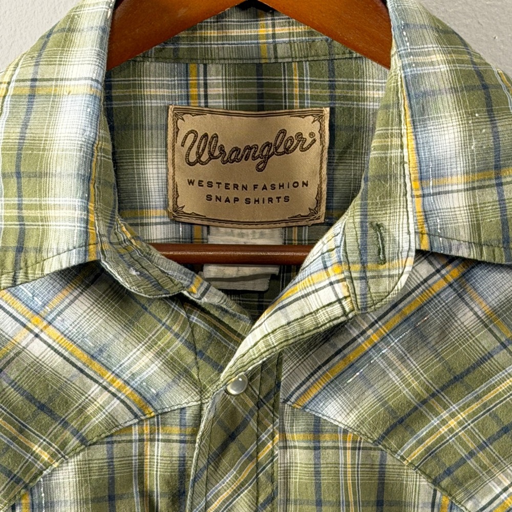Wrangler Western Fashion Snap Shirt Green Plaid Metallic Lurex Long Sleeve Mens